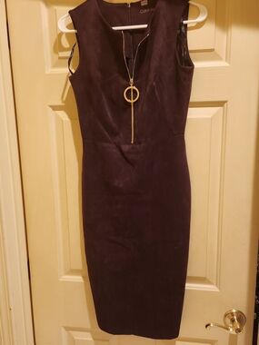 Calvin Klein Deep Plum Sleeveless Sheath Dress with Gold Circle Zip